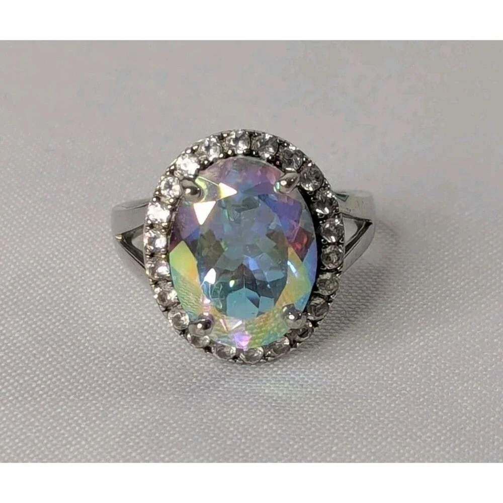 Sterling Silver Mystic Quartz & Zircon Cocktail Ring  Size 9.75